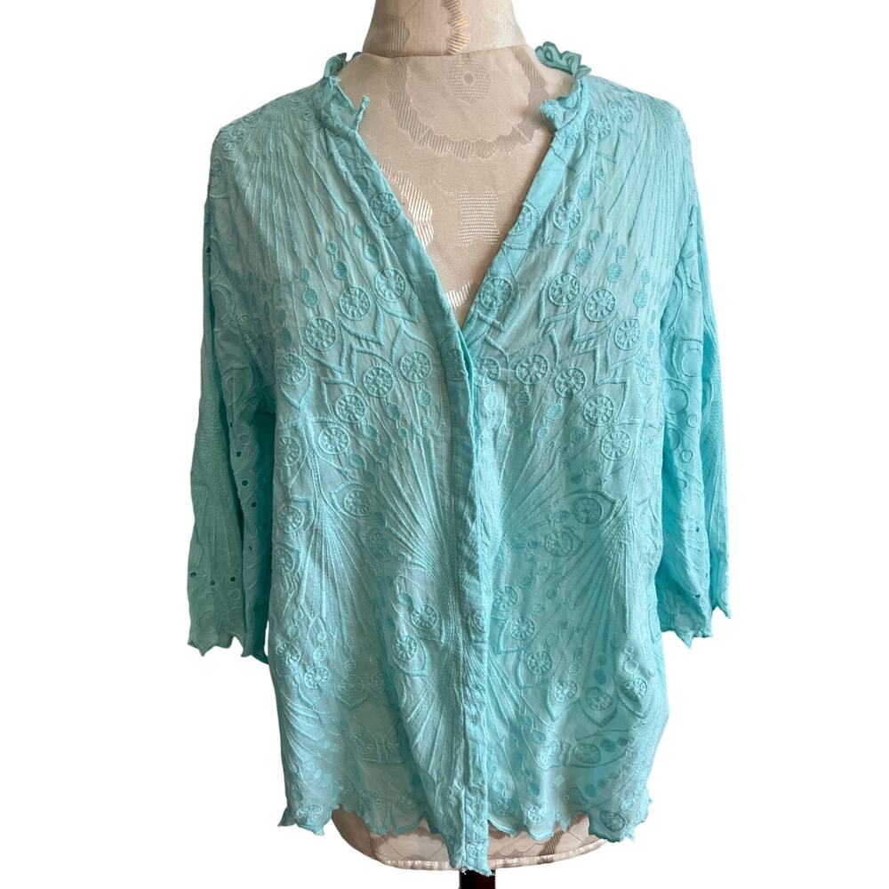 Soft Surroundings 3/4 Sleeve Button Up V-Neck Blouse Medium